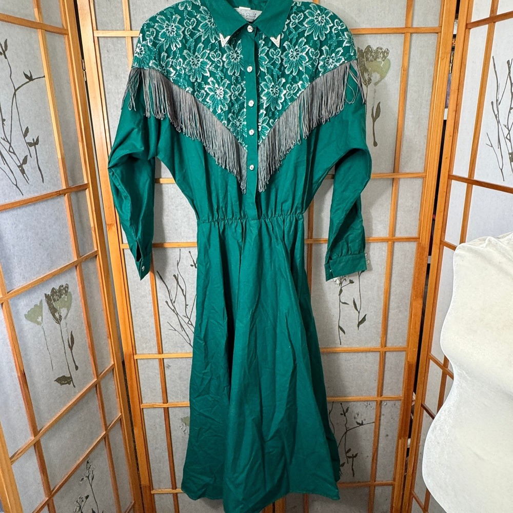 Vintage Lilia Smitty Western Dress Green Lace Fringe Silver Tips Cotton Sz 16